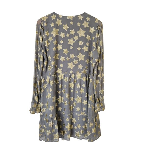 Loft Gold Star Print Shimmer Long-Sleeve Tiered Dress Gray Metallic Babydoll - Picture 2 of 11
